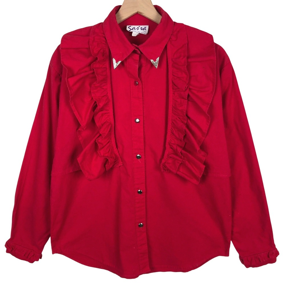 VTG Sassa Ltd Western Ruffle Yoke Cotton Collar Tips Shirt Women's Sz L Red USA
